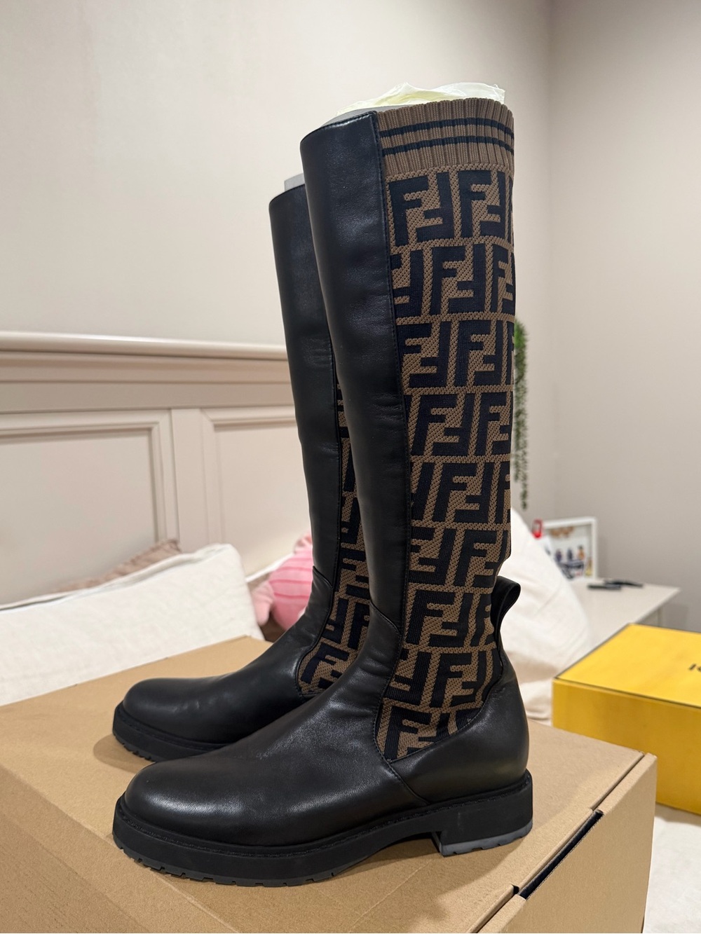 Fendi Rokoko FF Black Leather Lug Sole Ankle Boot